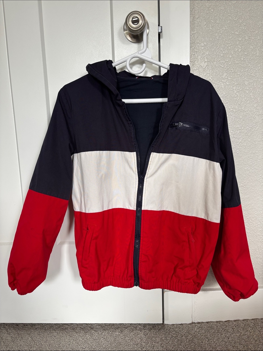 Brandy Melville Colorblock Hooded Jacket in Navy, White & Red